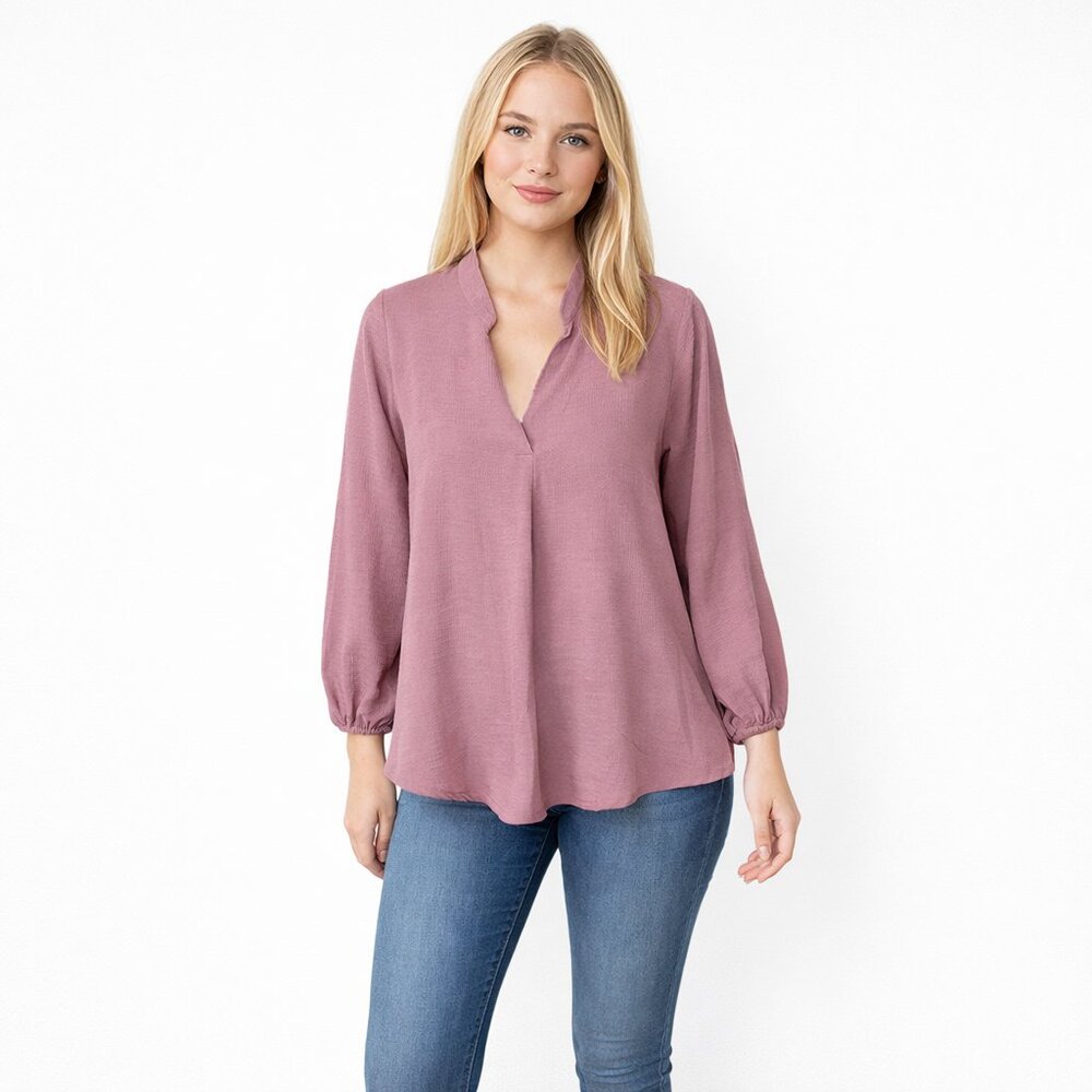 2/$30 white birch Blouson Sleeve Stand Collared Notched Tunic Pink Small #A1519